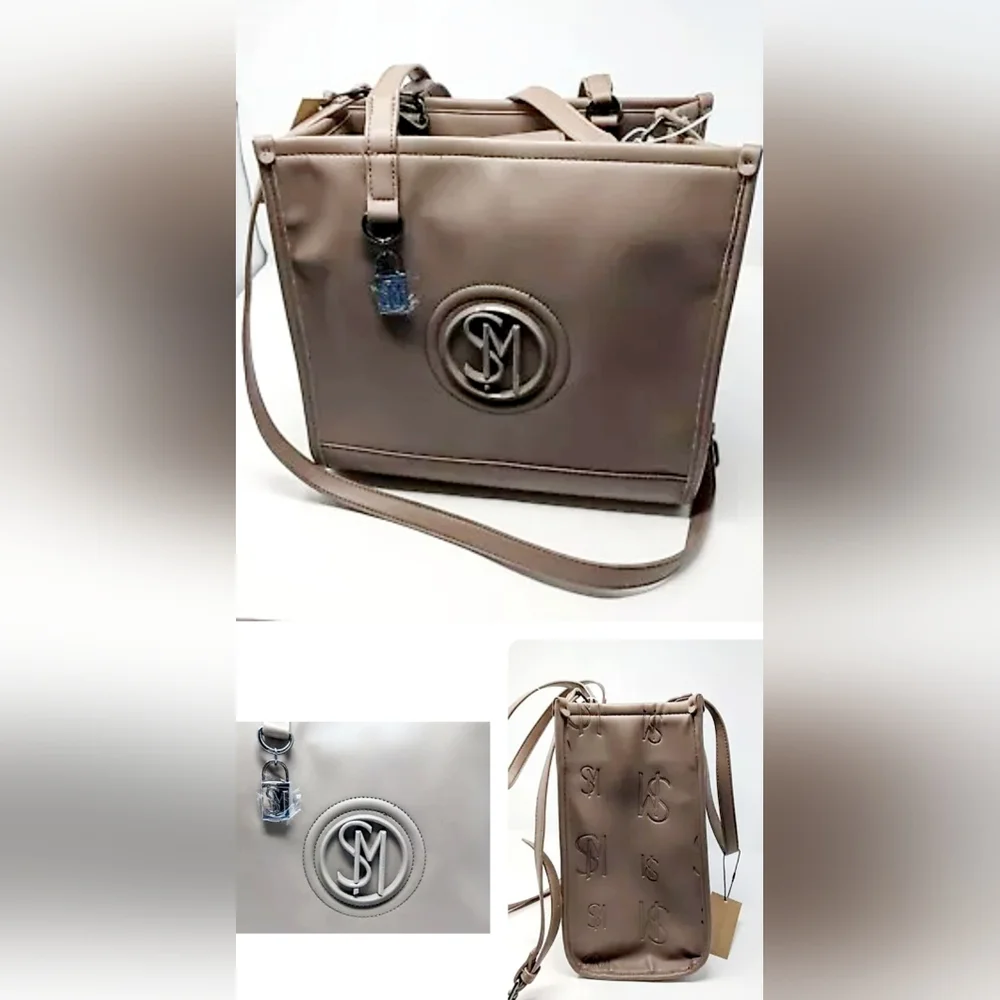 Taupe Structured Tote Bag with Monogram Accent